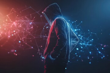 Silhouette of a person in a hooded jacket against a backdrop of glowing digital particles in red and blue at night