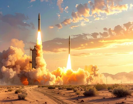 Rocket launch in the desert at sunset