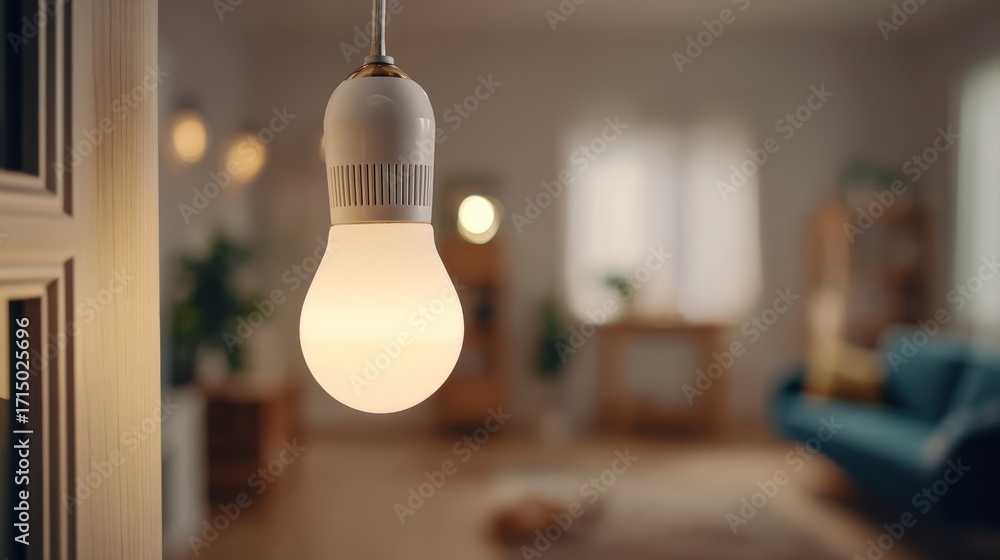 Poster focused medium shot of a voiceactivated led bulb responding to verbal commands surrounded by a softl
