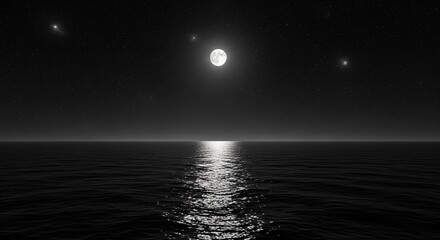Full moon reflecting on tranquil ocean at night. Dark water with stars in sky. Mystical and peaceful nature scene for spiritual concept.