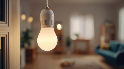 Focused medium shot of a voiceactivated LED bulb responding to verbal commands surrounded by a softly unfocused room setting highlighting smart home convenience.