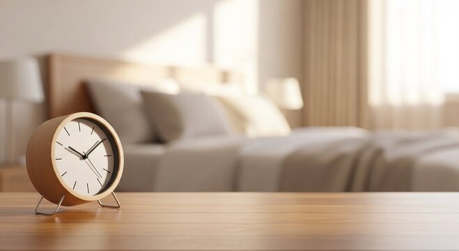 Wooden alarm clock on a table in a bright bedroom. Early morning time on bedside furniture. Minimalist interior design.