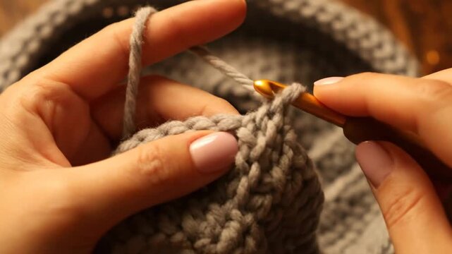 Close-up of hands crocheting a gray yarn project, with a wooden table background and soft lighting