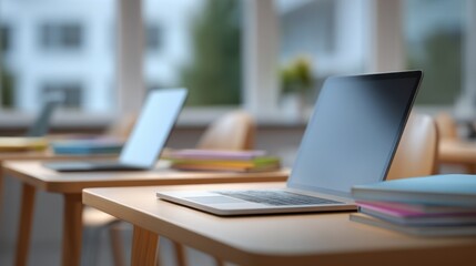Medium shot of a modern digital workshop with laptops and tablets on workstations main area sharply focused background blurred for immersive learning environment.