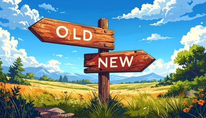 Wooden signpost with "Old" and "New" choices, in a landscape