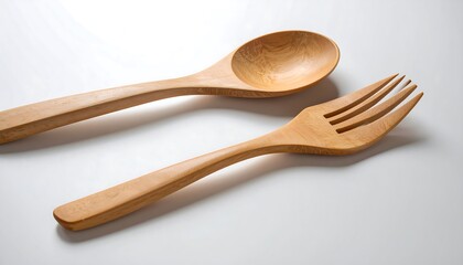 Wooden spoon and fork on white background