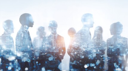 Silhouetted professionals converse against a backdrop of an urban skyline illuminated by city lights at twilight highlighting collaboration and ideas in a corporate setting.