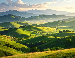 Fototapeta premium Lush green hills and valleys, bathed in soft sunlight, create a peaceful landscape of rolling terrain.