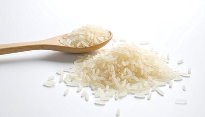 Wooden spoon filled with white rice