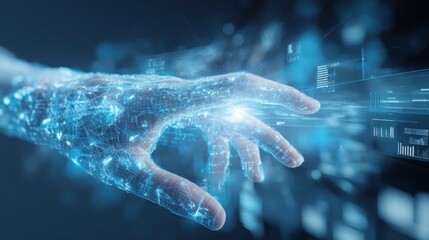 A hand composed of digital elements reaches towards glowing data streams showcasing the integration of technology and human interaction in a modern context.