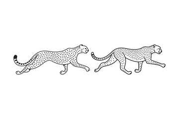 Two cheetahs running side by side in a stylized line drawing