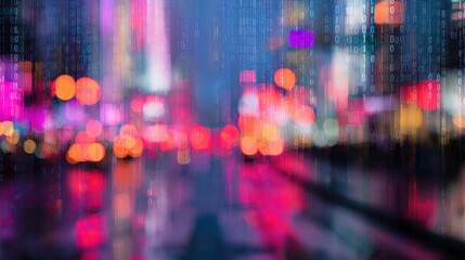 Colorful Cityscape With Digital Binary Code Overlay. Futuristic Urban Technology Concept