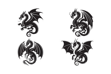 Four stylized black silhouette dragon illustrations on white background