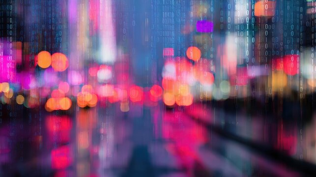 Colorful Cityscape With Digital Binary Code Overlay. Futuristic Urban Technology Concept