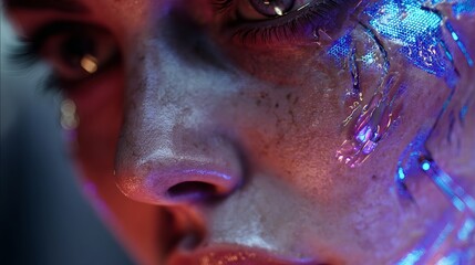 Close up of a woman's face with glowing futuristic circuitry integrated into her skin