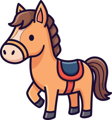 Adorable cartoon horse with saddle friendly farm animal character for childrens books and illustrations vector
