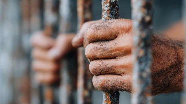 Hands Gripping Rusty Prison Bars. Symbol Of Confinement And Struggle For Freedom
