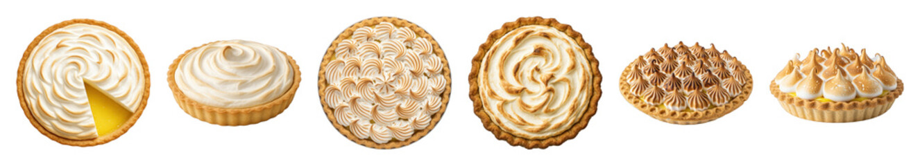 Fototapeta premium Lemon meringue desserts set including whole pies, sliced, and individual tarts with various meringue styles isolated. Bakery treats and sweet food collection.