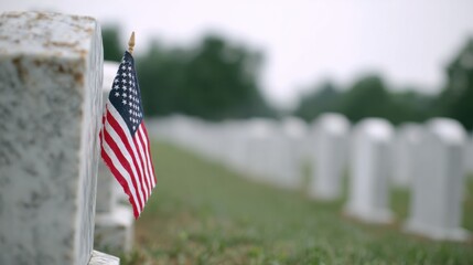 American Flag On Military Cemetery Headstone. Honoring Veterans And Memorial Day Tribute