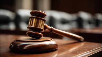 A gavel lies on a polished wooden bench in a courtroom representing the authority of law. Chairs are visible in the background enhancing the legal atmosphere.