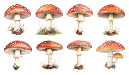 PNG Illustrated red mushrooms variety, element set on transparent background