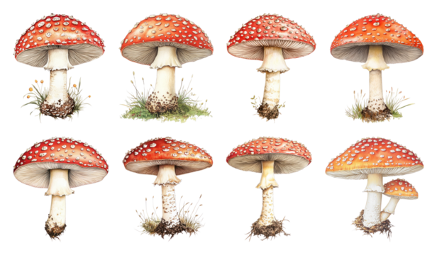 PNG Illustrated red mushrooms variety, element set on transparent background