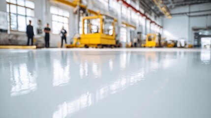 Medium view capturing epoxycoated industrial warehouse floor emphasized smooth continuous surface with outoffocus machinery and workers in background.