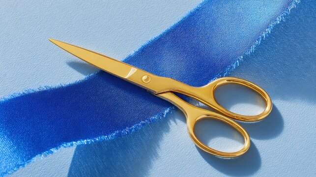 Golden Scissors Cutting Blue Ribbon On Textured Surface. Symbol Of Inauguration And Celebration