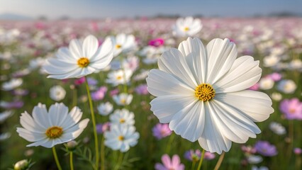 Fototapeta premium White cosmos flowers field, floral garden landscape