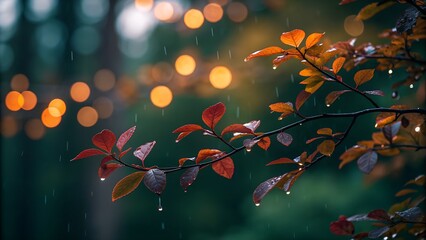 Rainy autumn leaves bokeh background