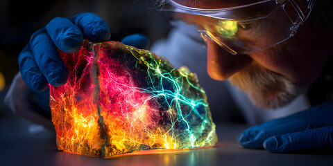 Glowing Gemstone: A seasoned scientist, deep in focus, examines a captivating gemstone radiating an array of vibrant colors, illustrating the wonders of science and the beauty within the earth.