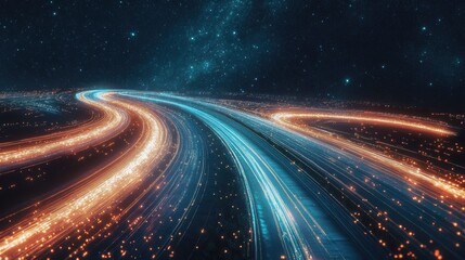 Night city lights streak across dark sky