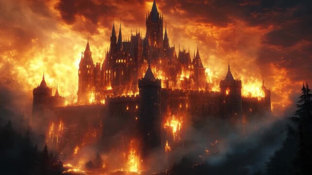Fiery castle under siege at dusk with flames illuminating dark skies and billowing smoke