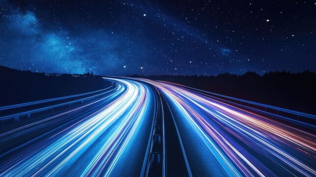 Night highway, light trails, starry sky, speed, motion