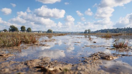 Obraz premium Wetland Landscape With Grass And Water Under A Blue Sky With Clouds. Nature'S Tranquility And Reflection