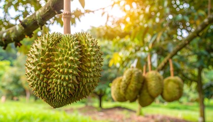 Durian fruit hanging from branches in a tropical orchard