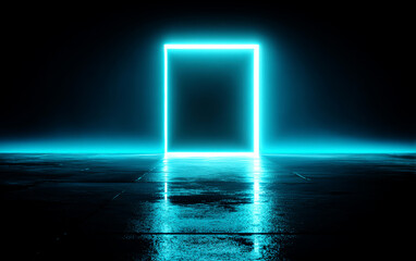 Neon glowing square frame on dark reflective surface with futuristic vibe
