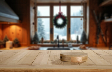 Empty wooden table with copy space for product placement in cozy alpine kitchen interior and window overlooking snowy trees and winter landscape. Seasonal advertising, home comfort, winter holidays.