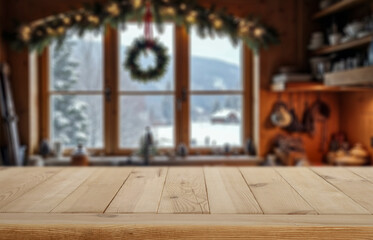 Empty wooden table with copy space for product placement in cozy alpine kitchen interior and window overlooking snowy trees and winter landscape. Seasonal advertising, home comfort, winter holidays.