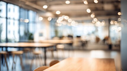 Obraz premium A bright workspace features wooden tables with comfortable seating large windows allowing natural light and a contemporary design. A peaceful atmosphere encourages collaboration and creativity.