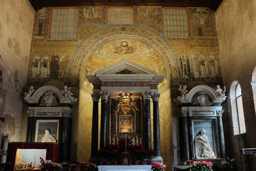 Archbasilica of Saint John Lateran interior Rome golden coffered ceiling marble columns statues ornate chapels baptistery and apse Catholic basilica Italy. High quality photo © Thao