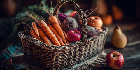 Harvest Bounty in a Wicker Basket: A still life composition showcases a charming wicker basket brimming with freshly harvested carrots, apples, beets, and pears. capturing the freshness and abundance.