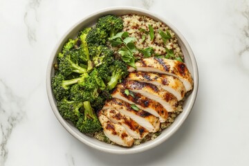Grilled chicken served with quinoa and steamed broccoli in a healthy meal bowl designed for nutritious eating and meal preparation