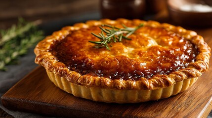 Gourmet savory pie with golden crust and fresh rosemary, perfect for culinary inspiration and food blogs.