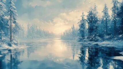Snowy river landscape at dawn with trees reflecting on calm water in a serene winter setting - Powered by Adobe