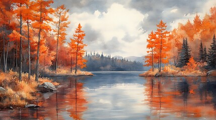 Autumn lake landscape with colorful trees