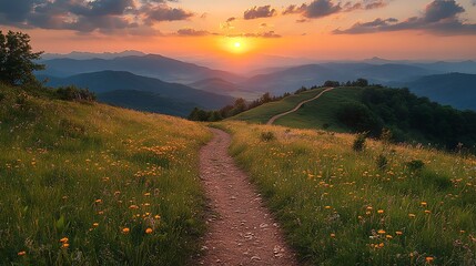 Sunset path through meadow hills
