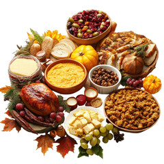 Thanksgiving food, A beautifully arranged Thanksgiving feast featuring turkey, stuffing, cranberry sauce, mashed potatoes, and pumpkin pie, isolated on transparent background