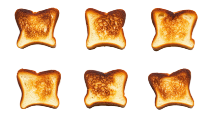 Collection of Variably Toasted Bread Slices, from Lightly Golden to Darkly Crisped, Showcasing Different Browning Levels Isolated on a Transparent Background. Background PNG Transparent