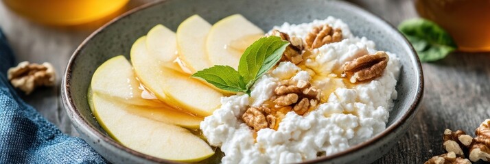 Bowl of cottage cheese topped with apple slices, honey, walnuts, and mint on a wooden table with drinks in the background during a cozy morning